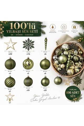 100 Parça Yılbaşı Ağaç Süsleme Seti Yeşil Gold Dekoratif Top, Yıldız, Kar Tanesi Ve Sarkıt Süsler 3 CM