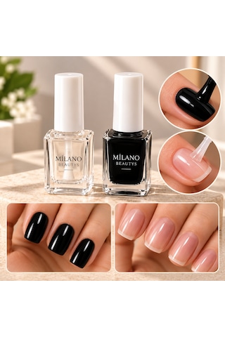 Milano Beautys Siyah Oje & Şeffaf Parlatıcı Oje 2 Li Set Parlak Ve Bakımlı Görünüm