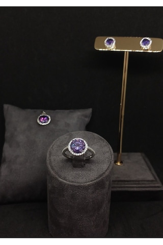 Elmas Kesim Taşlı Gümüş Takı Seti - Kolye Ucu, Küpe Ve Yüzük Gümüş