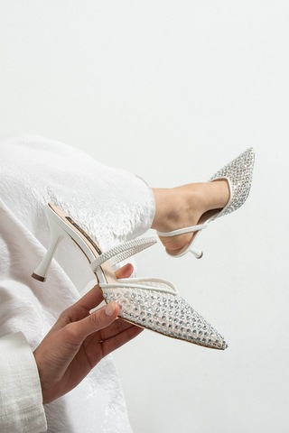 Lebibe Shoes Mına Kadın Beyaz File Taşlı 7 Cm Topuklu Slingback Sivri Burun Abiye Ayakkabı