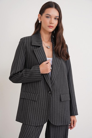 4753 Kadın Çizgili Oversize Blazer Ceket Antrasit Antrasit