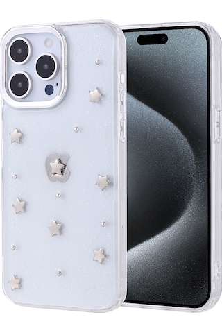 Apple Uyumlu iPhone 15 Pro Max Kılıf Airbag Tasarımlı Simli Şeffaf Zore Kutup Kapak - Yıldız Şeffaf Şeffaf