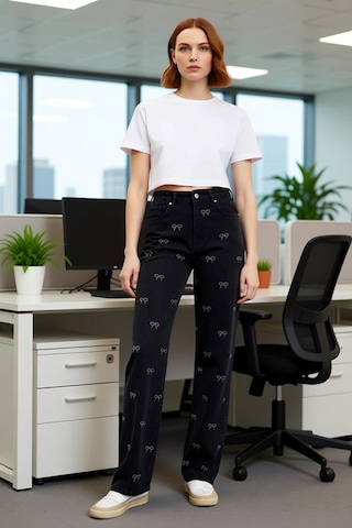 Ersefa Kadın Fiyonk Nakışlı Wide Leg Jean Pantolon Fonksiyonel Dayanıklı siyah
