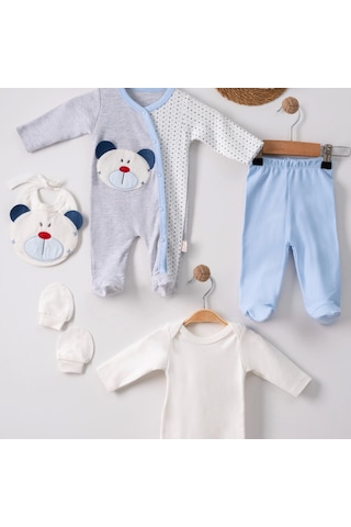 3 Ay Ayıcıklı Tulumlu Erkek Bebek 5'li Set Mavi
