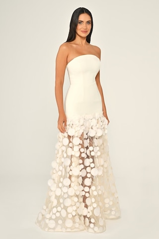 Krep Eteği 3 Boyutlu Tül Uzun Abiye Elbise Alfa Beta B7067 Ekru