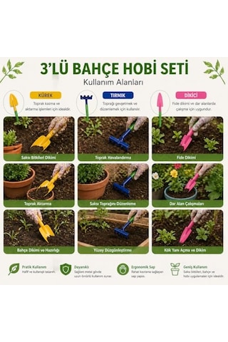 Orret Home 3 Lü Mini Bahçe Hobi Seti Kürek Tırmık Dikici Seti Kaktüs Sukulent Saksı Bitkileri İçin El Aletleri Çiçek Dikim Seti Asorti Renk