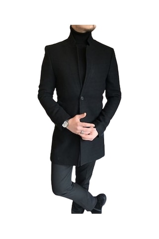 Erkek Siyah Slim Fit Dik Yaka Kaşe Kaban-Siyah