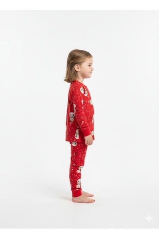 Unisex Kardan Adam Desenli Pijama Takımı Kışlık %100 Pamuk Kırmızı