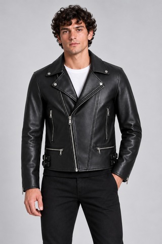 Maison Rae Erkek Siyah Slim Fit Biker Deri Ceket Çapraz Fermuarlı, Çok Cepli, Kemer Tokalı