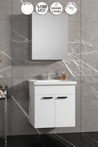 Çiğdem Kulplu 55 Cm Beyaz Mdf Seramik Lavabolu Asma Banyo Dolabı Takımı