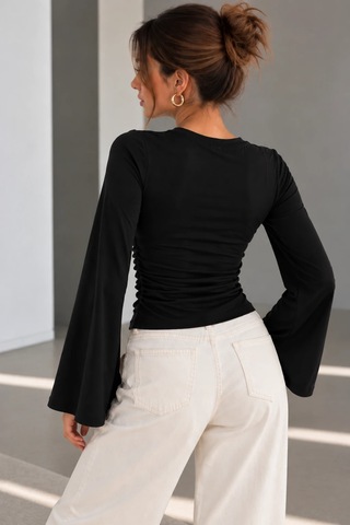 Bb Butik Basic Yan Büzgülü İspanyol Kol Basic Kadın Bluz My3535 siyah