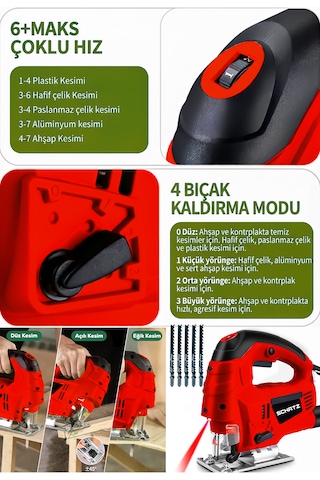 Schatz 800 W Lazerli Devir Ayarlı Dekupaj Testere Makinesi Kırmızı + 5 Adet Testere Ucu