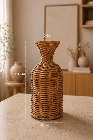 Doğal El Yapımı Rattan Vazo Dekoratif Hasır Vazo Bohem Salon Oturma Odası Masa Üstü Vazo 23 Cm Kahverengi