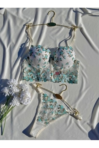 Arona Kadın Destekli Büstiyer Takımı Beyaz Üzeri Yeşil Çiçek Desenli Çiçek Desenli Beyaz