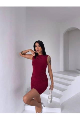 Modalima Bordo Drapeli Sandy Kumaş Elbise Çok Renkli