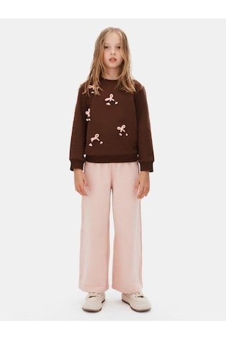 Kız Çocuk Fiyonk İşlemeli Sweatshirt-16134 Kahverengi