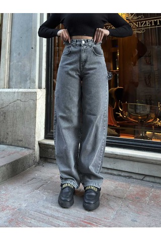 Shevega Kadın Füme Yan Tokali Geniş Kesim Baggy Bol Paça Kot Jeans Pantolon Füme
