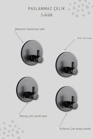 Zift Unique 4 Adet Paslanmaz Çelik Siyah Banyo/Bornoz/Havlu Askısı Siyah