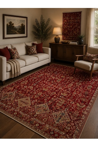 Eko Halı Kybele Kyb 01 Red Etnik Desenli Otantik Salon Halısı Oturma Odası Halısı Mutfak Halısı Modern Makine Halısı Kırmızı