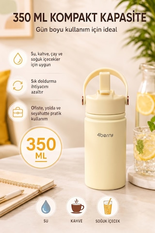 350 Ml Kulplu Pipetli Çelik Termos Bardak Bpa Free, Taşınabilir Mini Termos, Krem Renk