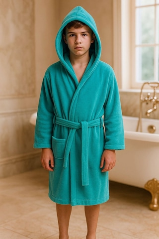 Genç Kız / Erkek Çocuk Kapşonlu Garson Boy Kadife Bornoz %100 Pamuklu Turkuaz
