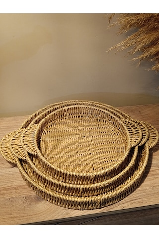 3 Boy Hasır Rattan Örme Tepsi Bambu Kulplu Diğer