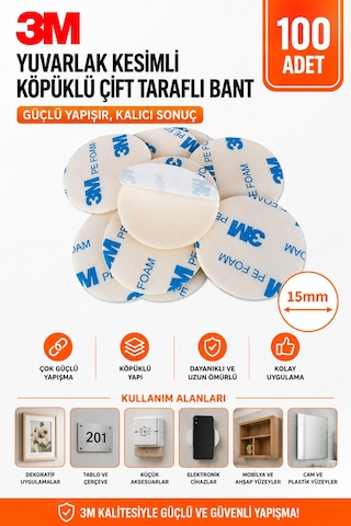 100 Adet 3m Yuvarlak Kesimli Köpüklü Çok Güçlü Çift Taraflı Bant Çap: 15mm