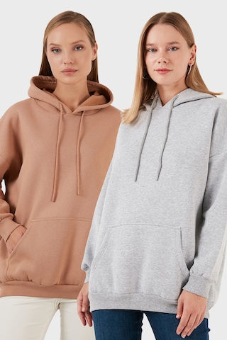 Lela Regular Fit Pamuklu Kapüşonlu Yaka Şardonlu Kışlık 2'Li Paket Bayan Sweat 5863854S2 Gri Melanj-Bisküvi