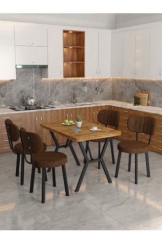 Azra 70x110cm Atlantik Mutfak Masası, Mutfak Masası Takımı, Yemek Masası, 4 Kahverengi Sandalye Kahverengi