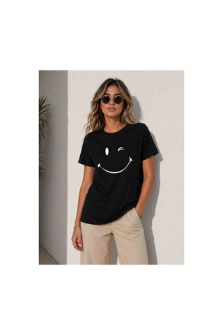 Butik İstanbul Minimal Gülümseyen Yüz Baskılı Tişört Kısa Kol Yazlık T-shirt - Siyah