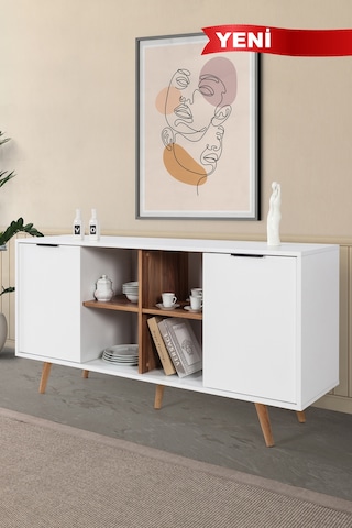 4618 Sina 160 Cm Ahşap Ayaklı , Metal Kulplu Konsol , Beyaz - Söğüt , Salon , Oturma Odası Diğer