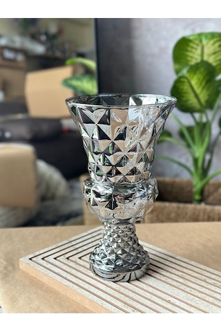 Diamond Desenli Kristal Cam Vazo - 28x15 Cm Hediyelik Lüx Vazo Modern & Lüks Dekoratif Büyük Boy Vazo Şeffaf