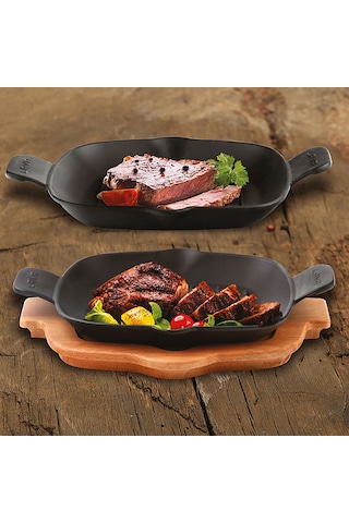 Lava Döküm Kızartma Tavası. Metal Kulplu. Ahşap Altlıklı. Ölçü 26