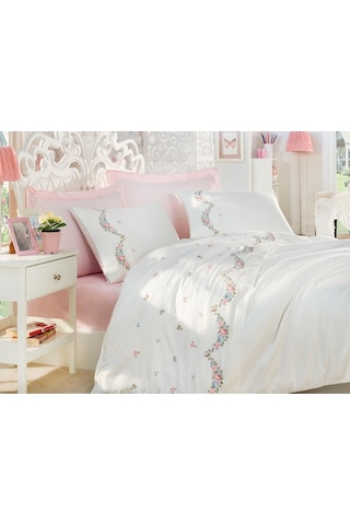 Dantela Lara Nakışlı Pamuk Saten Nevresim Takımı Krem