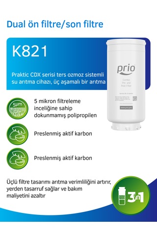 Prio K821 3'ü 1 Arada Sediment Karbon Blok Ve Post Karbon Filtre