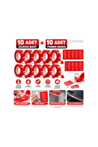 Silikon Çift Taraflı Bant 10adet 9mm X 5m + 10adet 3m Primer 94 Yapışma Güçlendirici Set