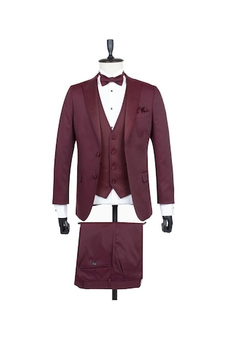 İmza Bordo Desenli Armürlü Mono Yaka Astarlı Yelekli 6 Drop Slim Fit Dar Kesim Smokin Damatlık 1001195219-Bordo