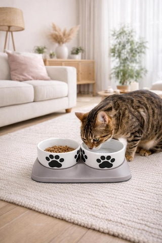 Premium Yükseltilmiş İkili Seramik Kedi Mama Ve Su Kabı