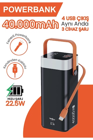 40.000 Mah Hızlı Şarj Powerbank Kamp Işığı Güçlü El Feneri Kablolu Göstergeli Taşınabilir Batarya Siyah