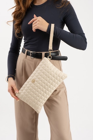 Oldso Kadın Suni Deri Siyah Mozaik Desen Çapraz Ve El Askılı Portföy Clutch Bej