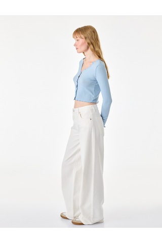 Koton Slim Fit V Yaka Uzun Kollu Düğmeli Kaşkorse Tişört Mavi 7wal10141ık