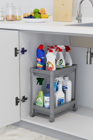 Mithra Life 2 Katlı Tekerlekli Tezgah Altı Gri Banyo Mutfak Rafı Mıt1123 Gri