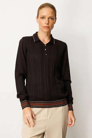 Desen Triko Polo Yaka Simli Çizgili Kadın Yün Bluz 25080d Kahve