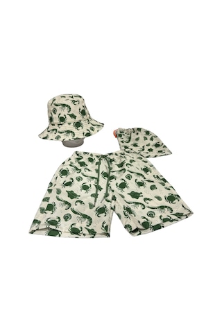 Benitto Kids Erkek Çocuk Baskılı Deniz Şortu Ve Bucket Şapka Takım Çanta Hediyeli 7033 Ekru