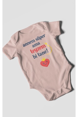 Morivokids Annem Süper Ama Teyzem Bi Tane Kısa Kollu Bebek Body %100 Pamuk Pastel Pembe