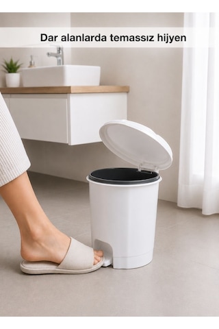 Beyaz Pedallı Çöp Kovası 6 L İçi Kovalı Küçük Boy Banyo Tuvalet Ve Ofis Tipi Hijyenik Çöp Kutusu