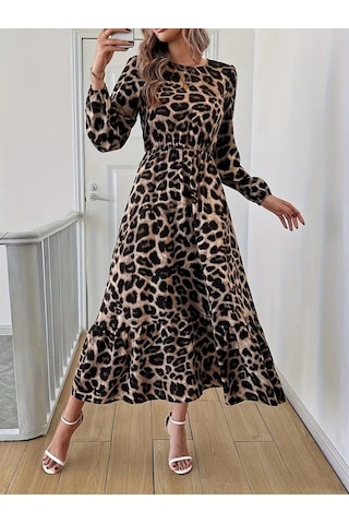 Emh Store Uzun Kollu Bisiklet Yaka Leopar Desenli Midi Süprem Elbise Leopar