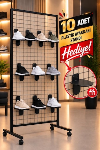 Tekerlekli Sık Telli Tel Raf - Tel Pano Stand, Duvar Askılığı-10 Adet Plastik Ayakkabı Standı Hediyeli 90x190 Cm 90 x 190 CM