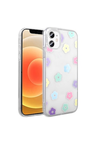 Techaks Apple Uyumlu iPhone 11 Kılıf Şeffaf Figürlü Zore Folk Sert Kapak - Papatya Beyaz