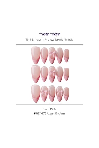 15'li Pembe Kısa Badem Kbd1478 Tekrar Kullanılabilir El Yapımı Protez Takma Tırnak M